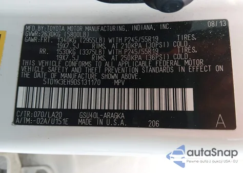 2013 Toyota Highlander Limited V6 z USA, uszkodzony, nr VIN 5TDYK3EH9DS131170